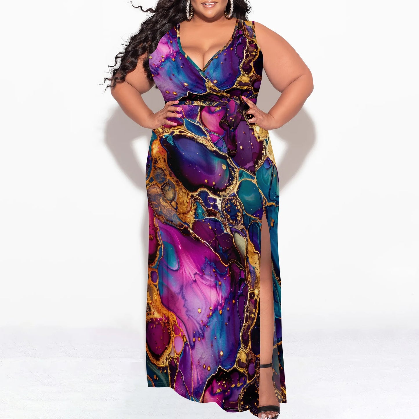 Maxy Galaxy Marble Print Maxi Dress XL-6XL – Sleeveless Wrap V-Neck Split Gown for Women Elegant Cruise or Evening Party Look