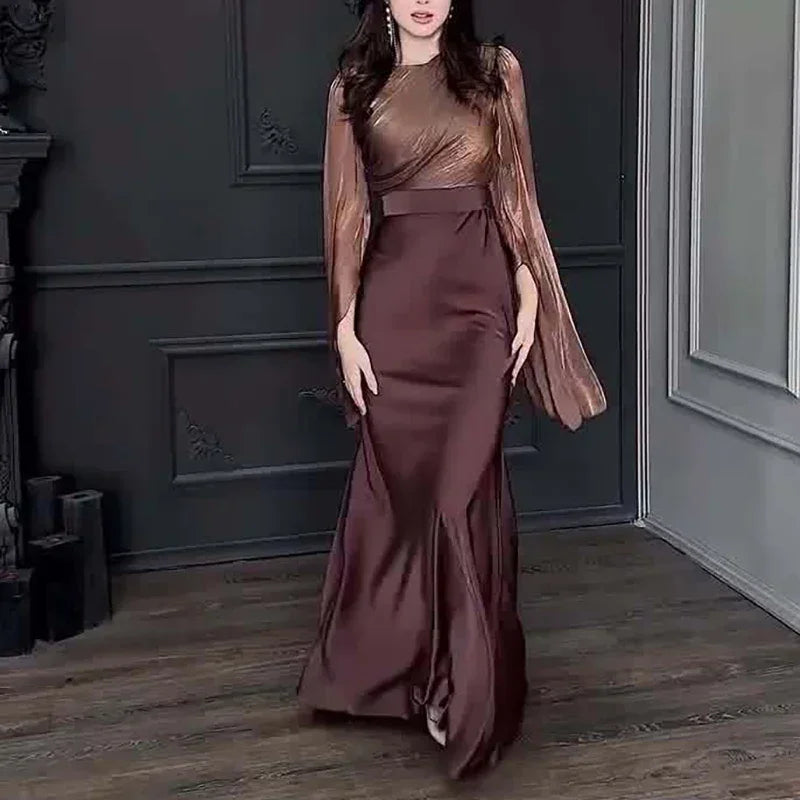 Amay Vintage High Waisted Women Satin Long Dress New Ladies Temperament Crew Collar Dresses Elegant Slim Long Sleeve Banquet Dresses