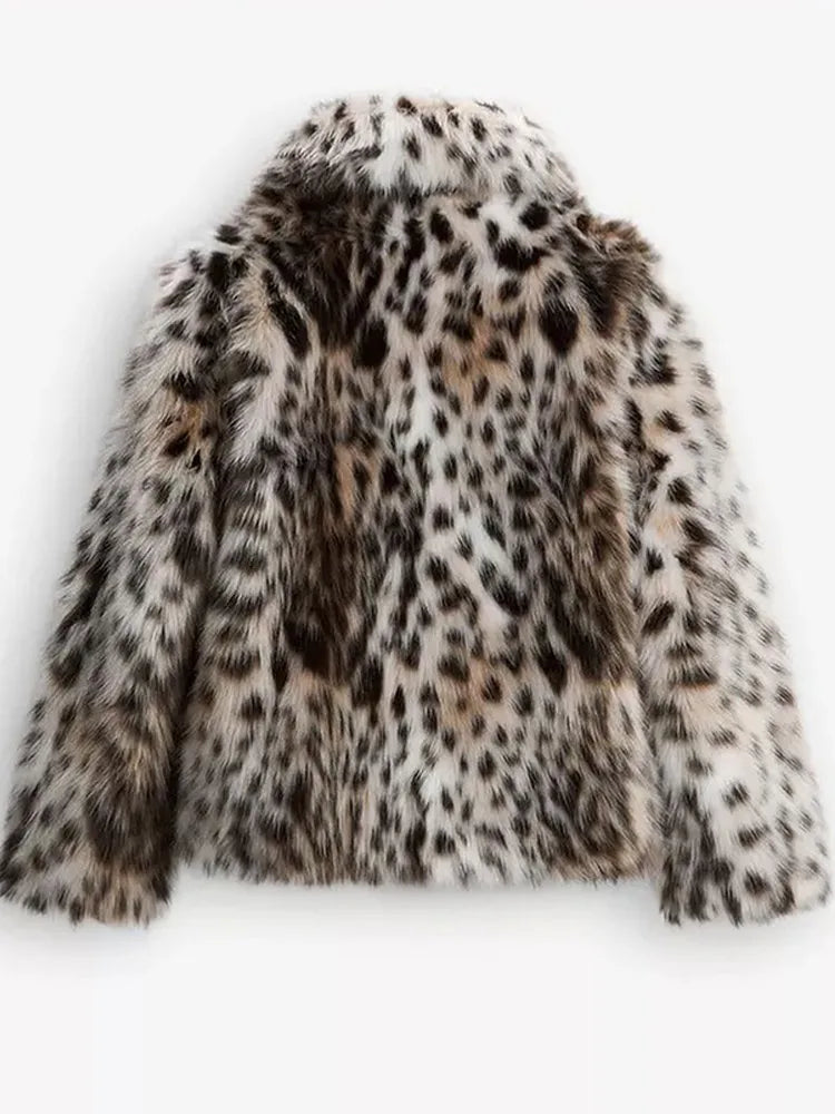 Maxy New Winter Leopard Printed Warm Short Faux Fur Coat Fashion Long Sleeves Lapel Collar Jacket Woman High Street Wear