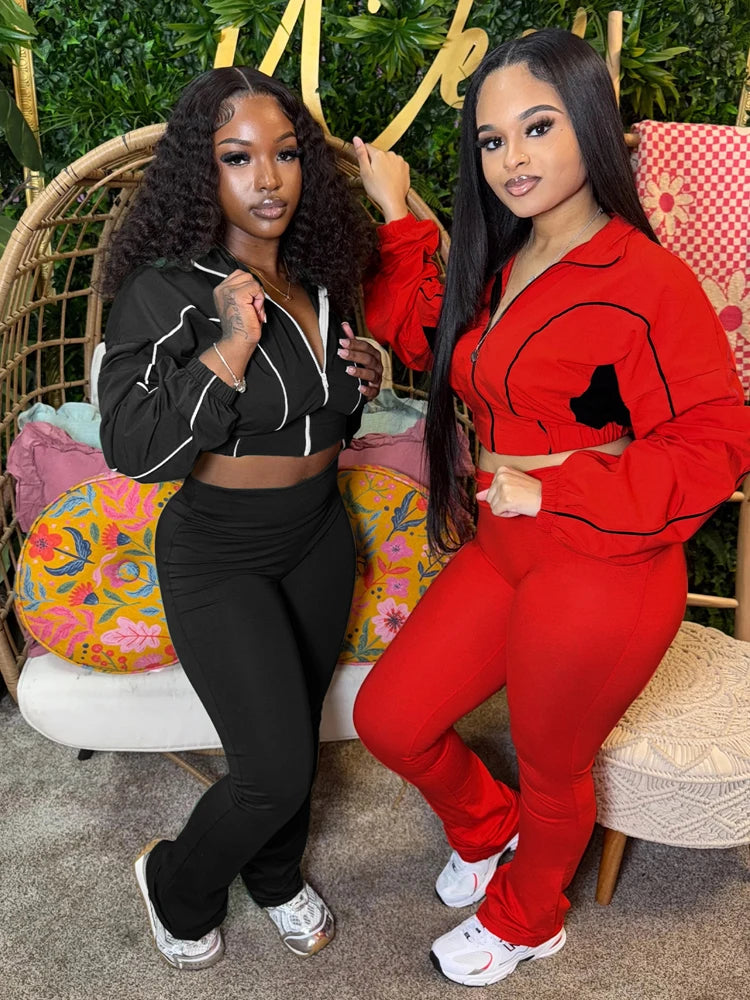 Maxy Trendy Women Clothes Contrast Color Tracksuit Zip Crop Jacket and High Waist Flare Pants Suit Sports Gym 2 Two Piece Set