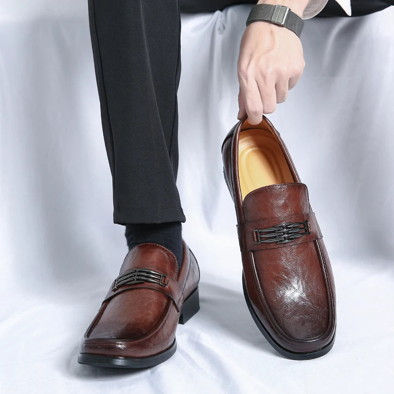Amay Italian High-end Leather Slip-on Shoes Mens Business Dress Round Head British Slip-On Formal Casual Loafer Oxford Shoes Wedding