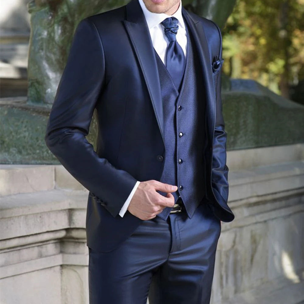 Maxy Luxury Men Suits Fashion Casual Custom Made Set Peak Lapel Wedding Groom High Quality Blazer Slim Fit Jacket+Pants+Vest