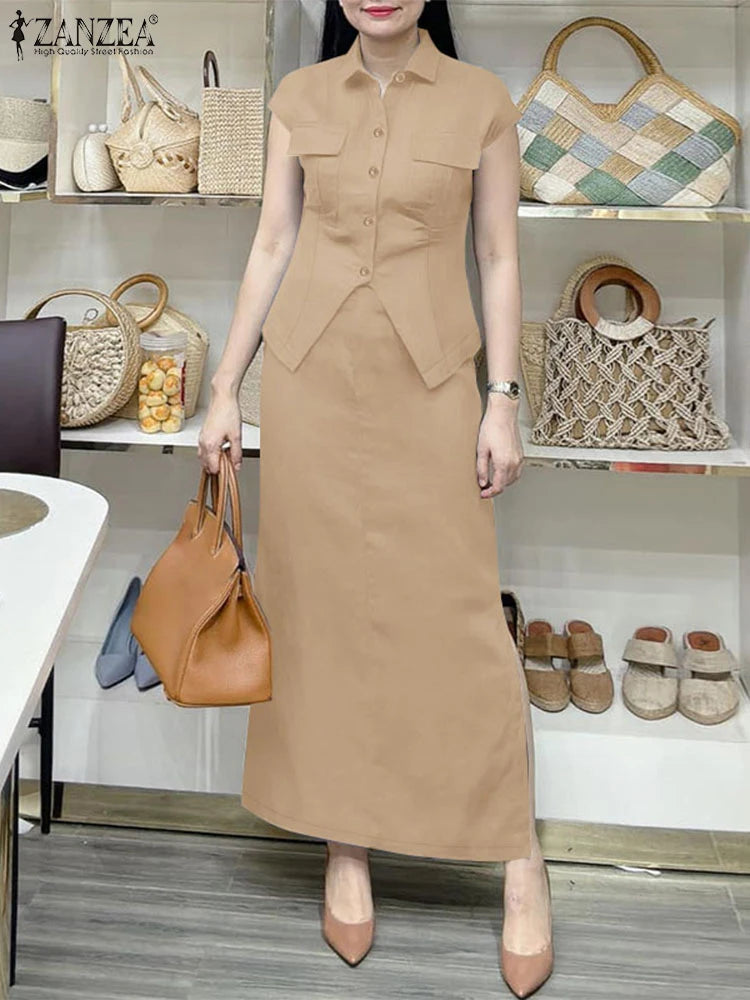Maxy Short Sleeve Shirts Streetwear Suits Women Stylish Solid Color Side Slit Long Skirts 2pcs Outfits Chic Fashion Skirt Sets