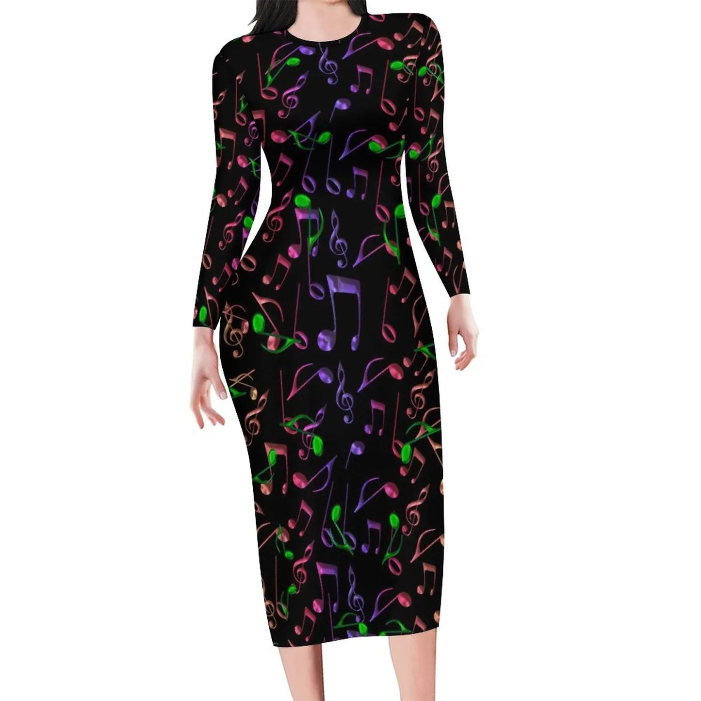 Amay Rainbow Music Notes Dress Long Sleeve Retro Print Kawaii Dresses Autumn Ladies Aesthetic Custom Bodycon Dress 3XL 4XL 5XL