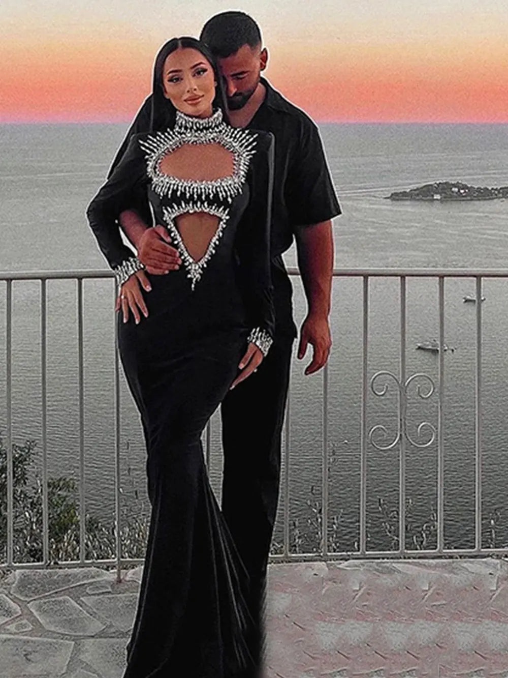 Amay Autumn Women Light Luxury Nail Bead Rhinestone Bandage Dress With Stand Up Collar Long Sleeved Hollow Bodycon Long Dress