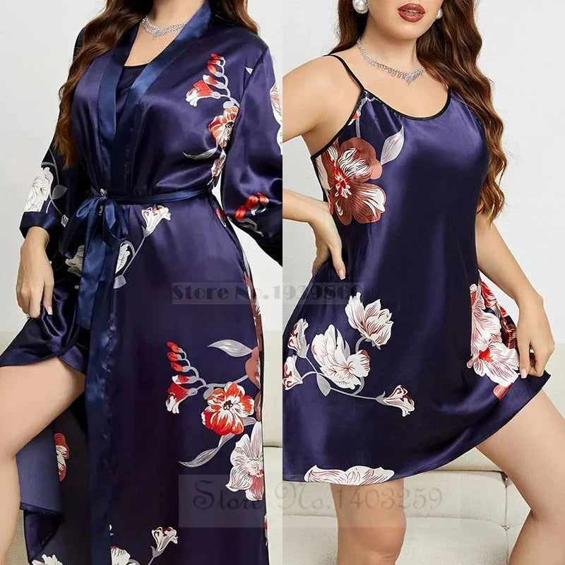 Maxy Large Size 3XL 4XL 5XL Female Robe Nightgown Print Flower Long Kimono Bathrobe Gown Sleepwear Loose Satin Home Dress Lounge Wear