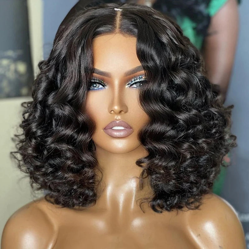 Amay Soft Glueless 180Density Short Cut Bob Natural Black Curly Deep Wave Lace Front Wig For Women With Baby Hair Preplucked Daily