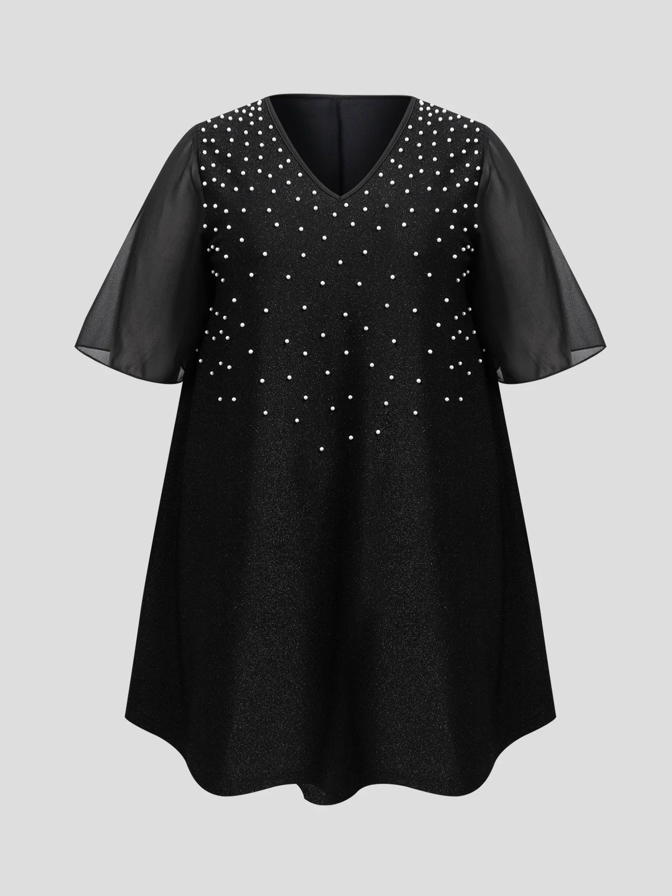 Plus Size Women Mini Dress Black Sparkle Pearl V Neck Chiffon Sleeve A-Line Dress Spring Summer Party Evening Cocktail Gown