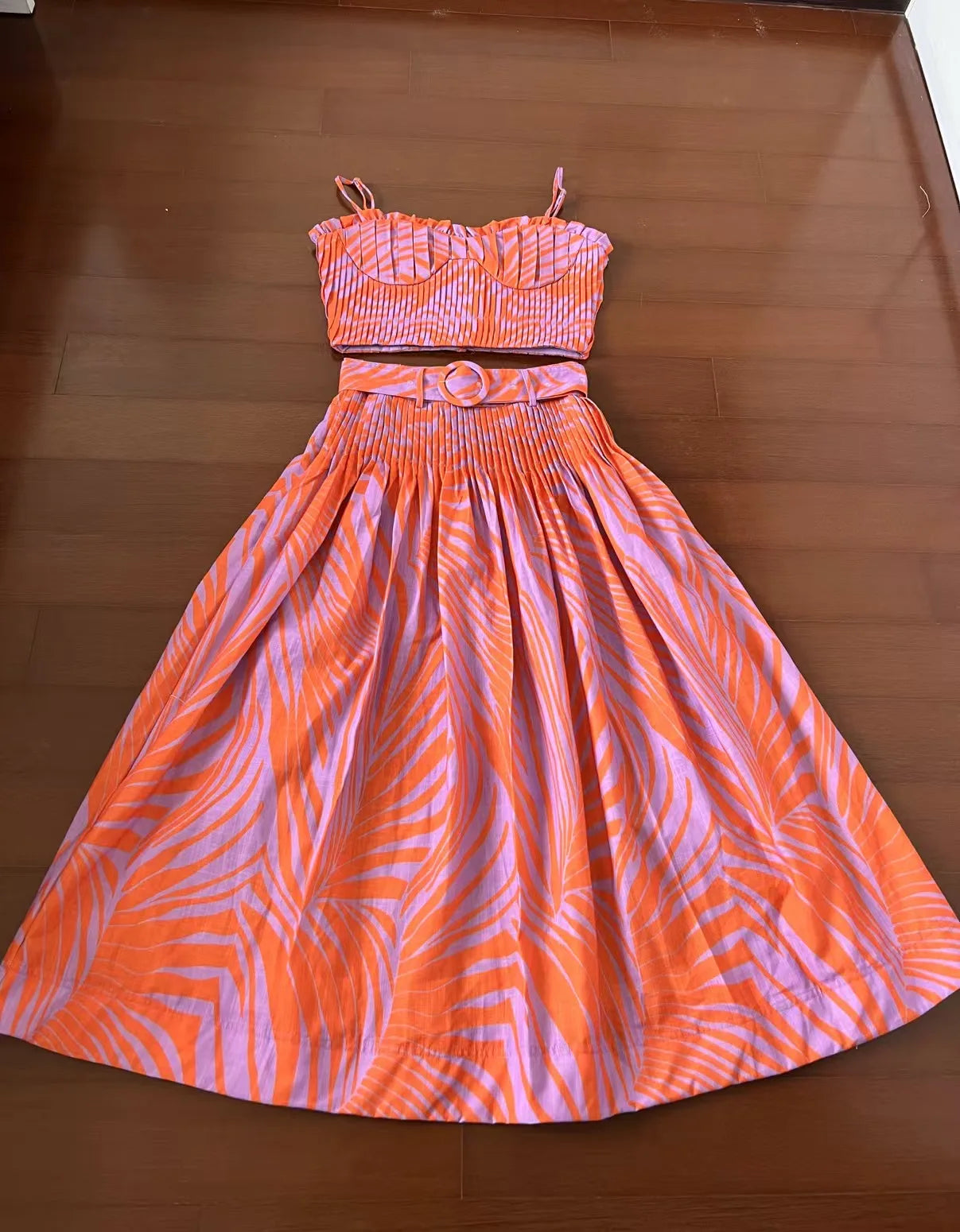 Amay Printing Elegant Two Piece Set For Women Strapless Sleeveless Mini Top High Waist Spliced Belt Skirt Slimming Sets Female