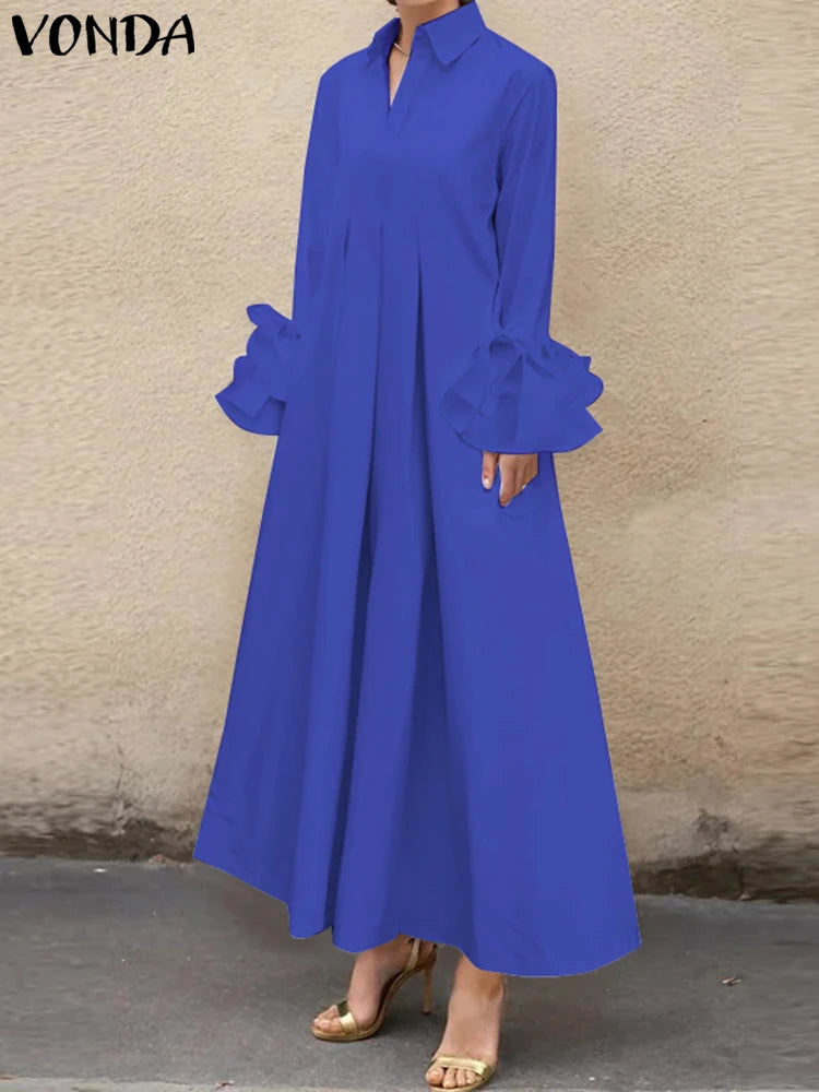 Maxy Plus Size 5XL VONDA Women Elegant Shirt Dress Ruffle Pleated Maxy Long Dress Casual Loose Solid Sundress Long Sleeve Robe