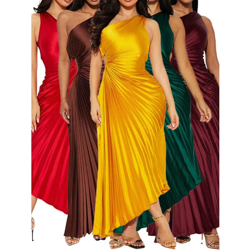 Maxy Spring Evening Banquet Elegant Hip-Hugging Off-One-Shoulder Round Cutout Pleated Women's Fashion Dress