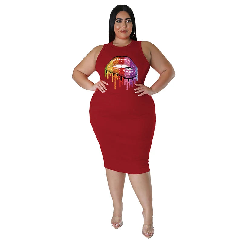 Wmstar Plus Size Dress for Women Clothing Summer Lip Print Bodycon Stretch Elegant Maxi Dresses Women Wholesale Dropshiping