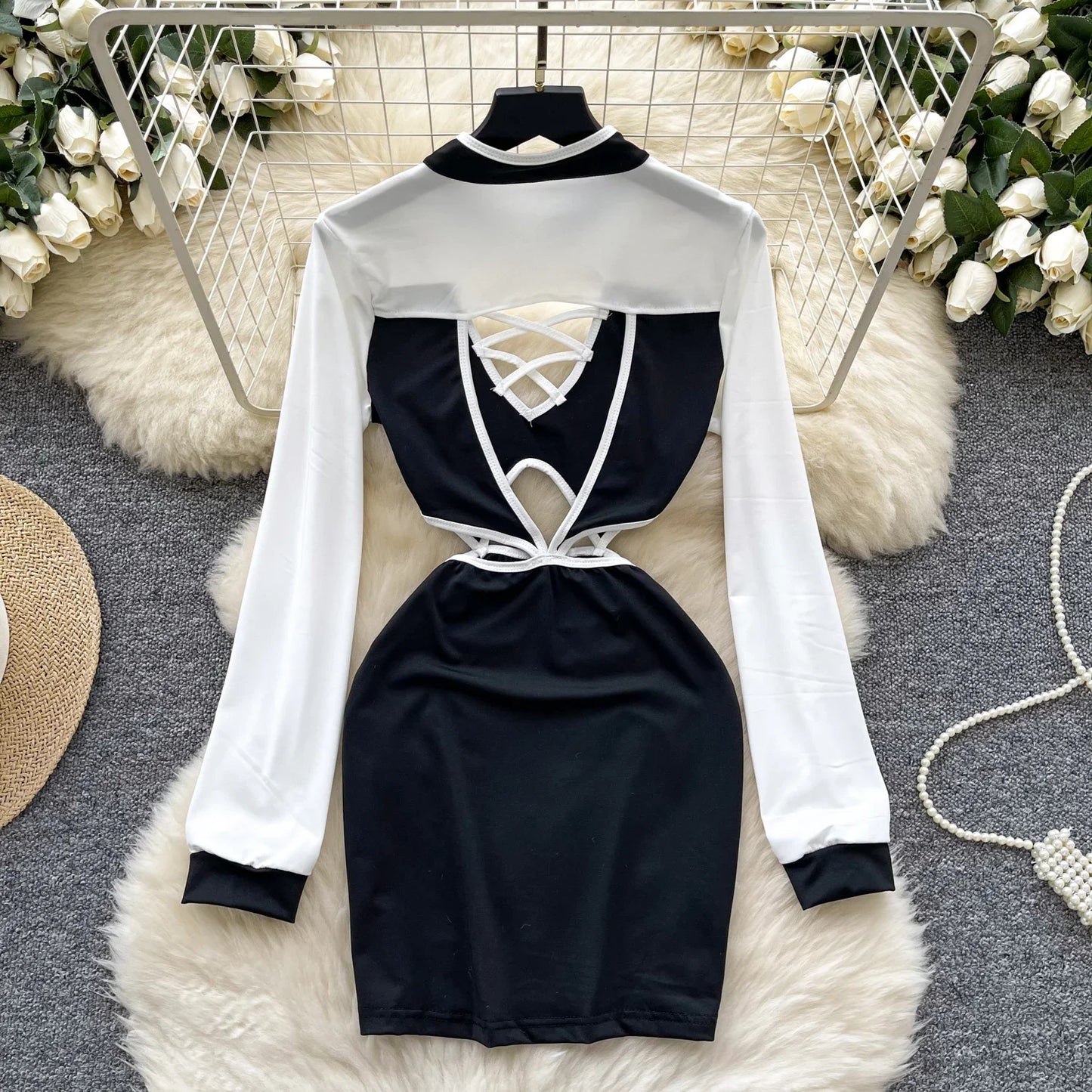 Amay Elegant Long Sleeves Vintage Stand Collar Chic Hollow Out Backless Slim Pencil Short Dresses Evening High Street Autumn Clothing