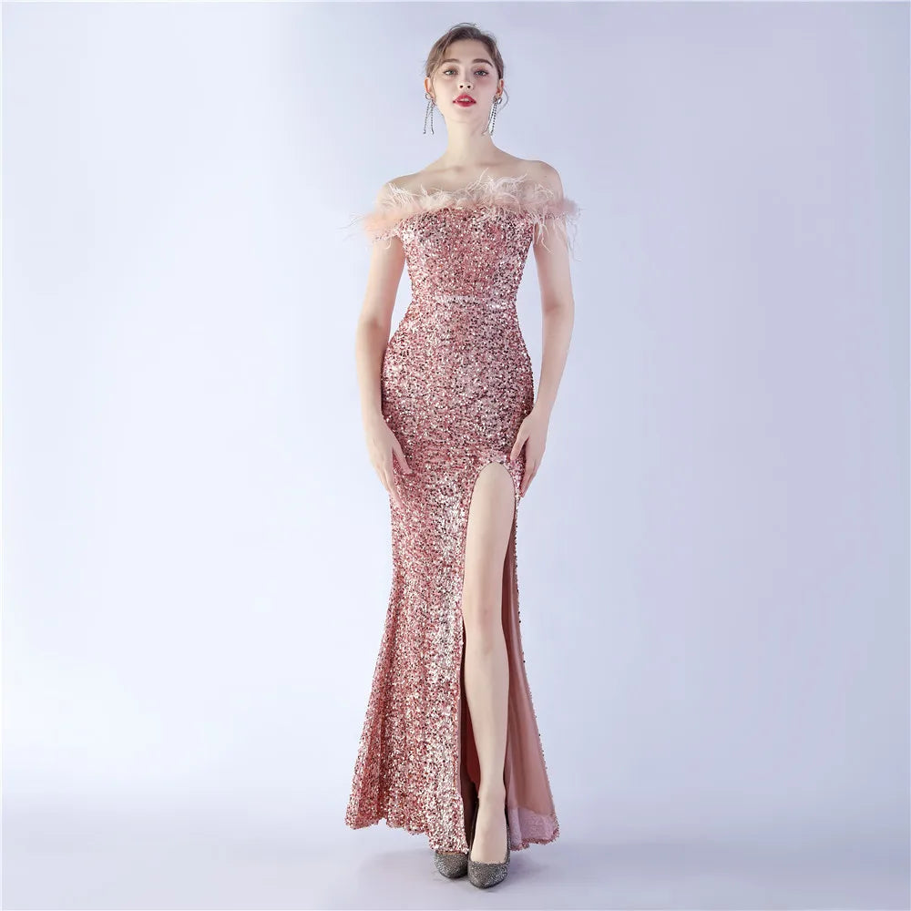 Maxy Evening Dress Burgundy Sequins Stretchy Off the Shoulder Feather Zipper Mermaid Trumpet Floor Length Women Party Formal Gowns