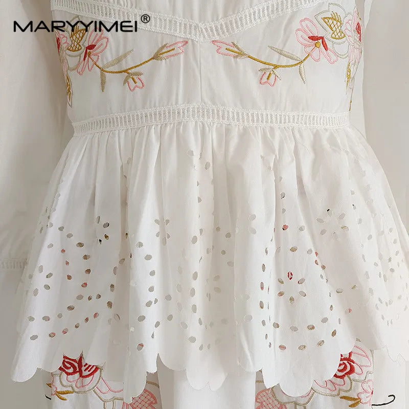 Maxy Fashion Designer dress Spring Autumn Women's Dress Stand collar Flowers Embroidery Hollow out Ruffles Dresses