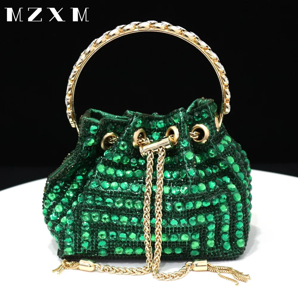 Maxy New Rhinestones Women Evening Bags Bucket Design Party Day Clutch Soft Mixed Color Shoulder Chain Handbags Purse