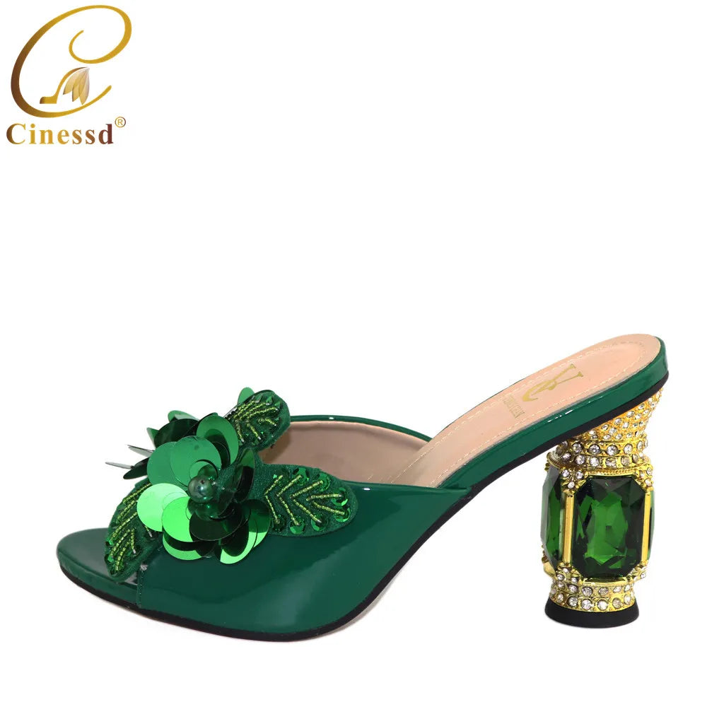 Maxy Latest Green Color Pumps Shoe Summer High Heels Italy Women Wedding Shoes Rhinestone Elegant Women Summer Slipper Shoes