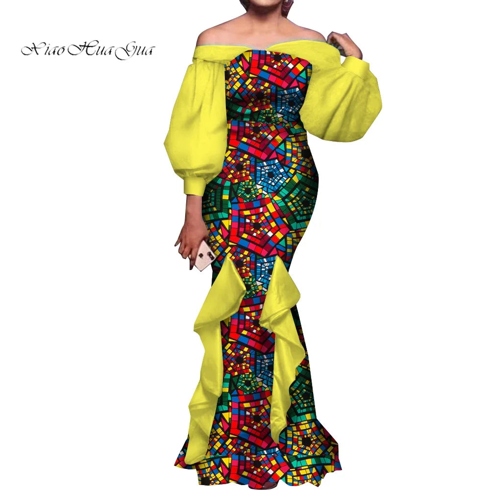 Amay Fashion Women Ankara Dresses Flash Neck Puff Sleeve Long Dress African Dress Robe Africaine Femme Evening Mermaid Dress WY1848