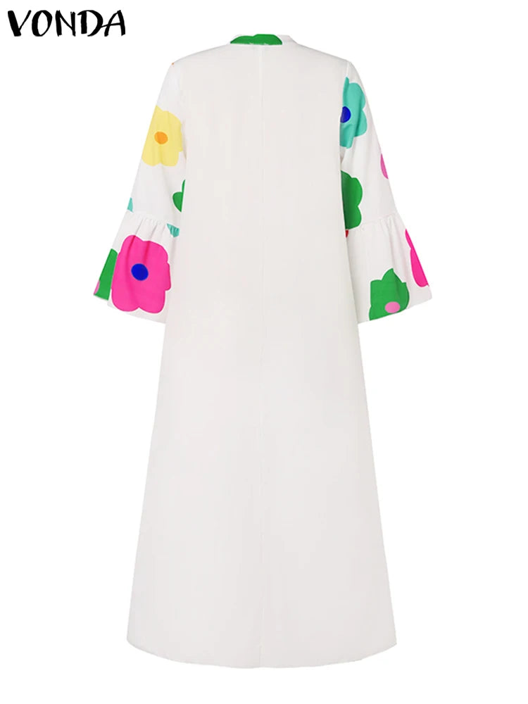 Maxy Plus Size 5XL Autumn Ruffle Dress Elegant Long Dress VONDA Round Neck Printed Flare Sleeve Vestidos Loose Robe