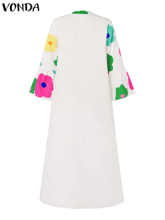 Maxy Plus Size 5XL Autumn Ruffle Dress Elegant Long Dress VONDA Round Neck Printed Flare Sleeve Vestidos Loose Robe