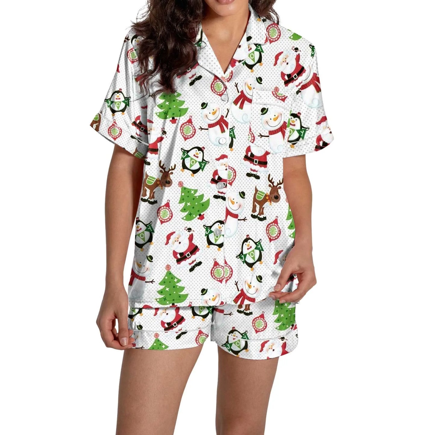 Christmas Graphic Print Women's Button-Down Shirts Pajamas Shorts Set Causal Women‘s Silk Satin 2 Piece Homewear Shorts Set Soft