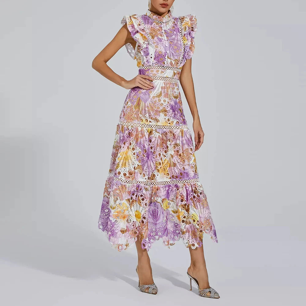 Maxy Colorblock Hollow Out Temperament Dress For Women Stand Collar Flying Sleeve High Waist Slim Dress Female Fashion