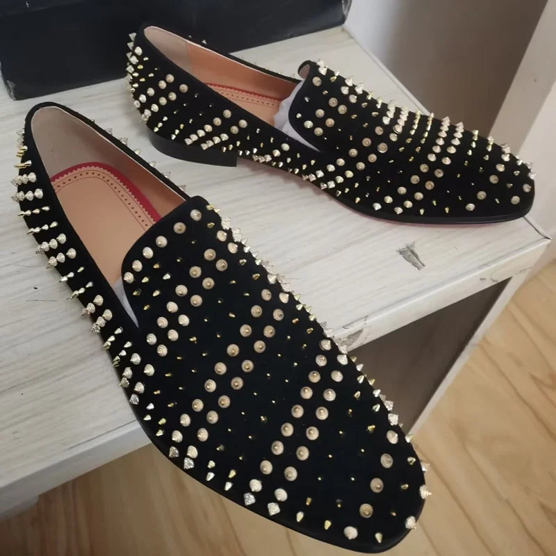 Amay New Black Suede Loafers Men Rivet Shoes Fashion Leather Formal Shoes For Men Italian Slip On Dress Shoes Party Mens Shoes