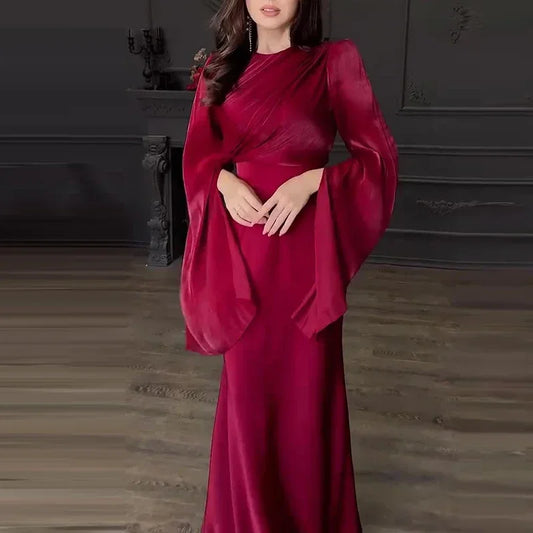 Amay Vintage High Waisted Women Satin Long Dress New Ladies Temperament Crew Collar Dresses Elegant Slim Long Sleeve Banquet Dresses