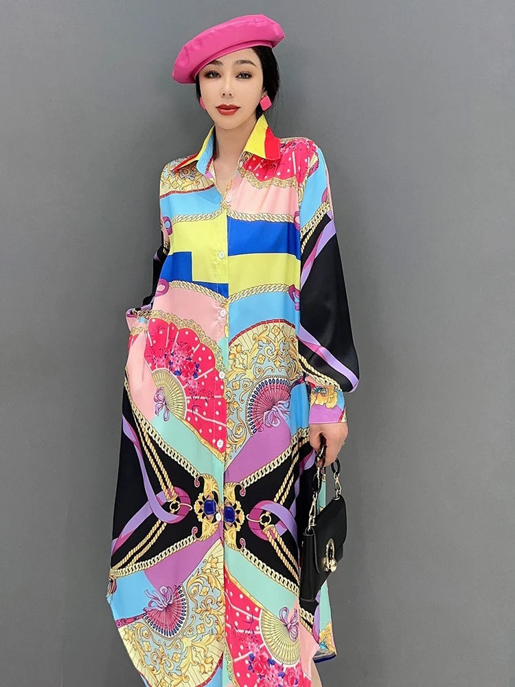 Maxy Fashion Shirt Dress for Women Korean Printed Colorful Pattern Stitching Loose Summer Clothes 5R1504