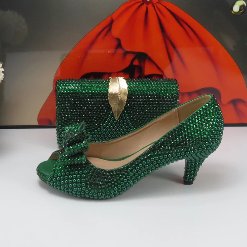 Max Green Pearl Bridal Wedding shoes and purse for Women Fashion Peep Toe High Pumps Evening Party Shoe and bag Open Toe