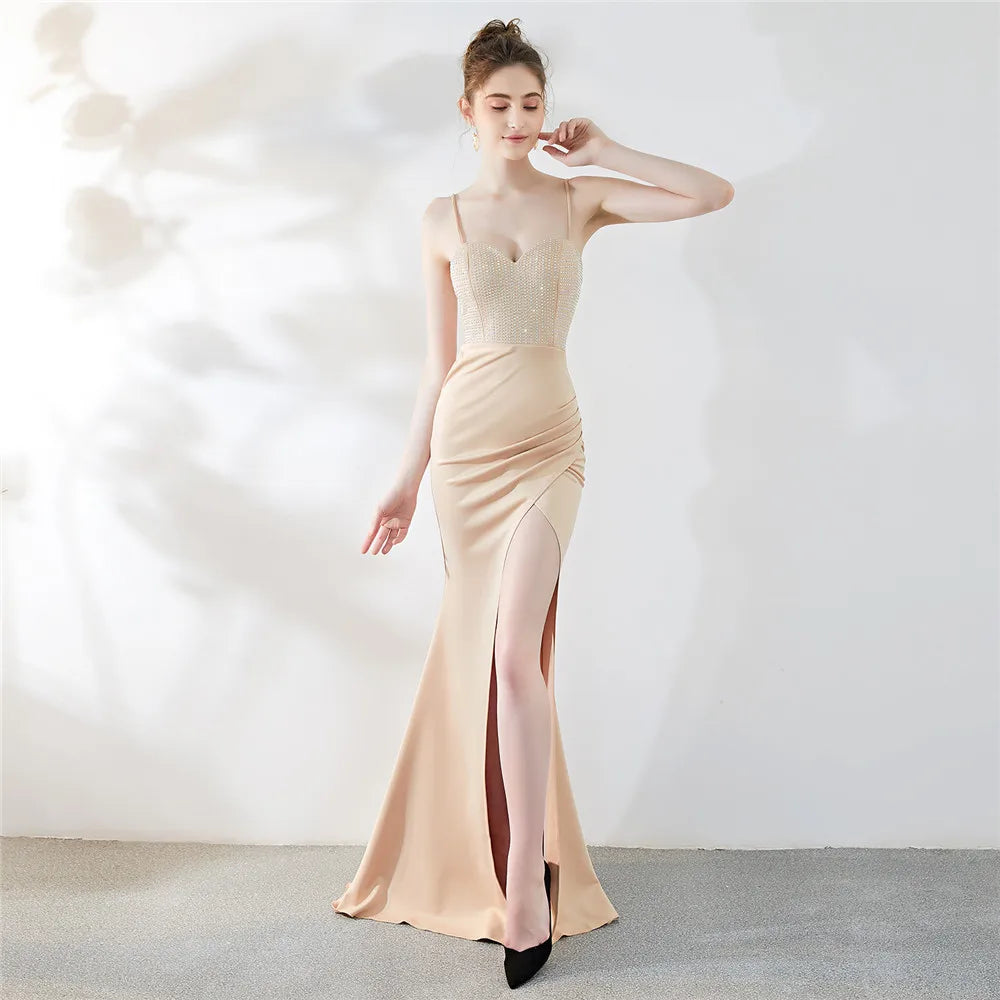 Maxy Customized Women's Sexy Strap Dress High Slit Evening Party Wear Crystal Dress