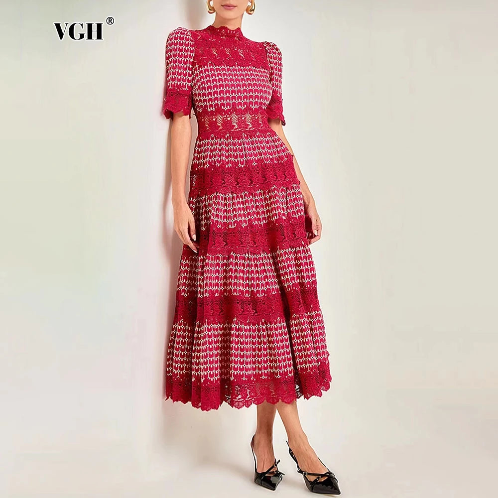 Maxy VGH Vintage Printed Dress Women Stand Collar Short Sleeve High Waist Spliced Lace Long Dresses Female Fashion Clothes New Autumn