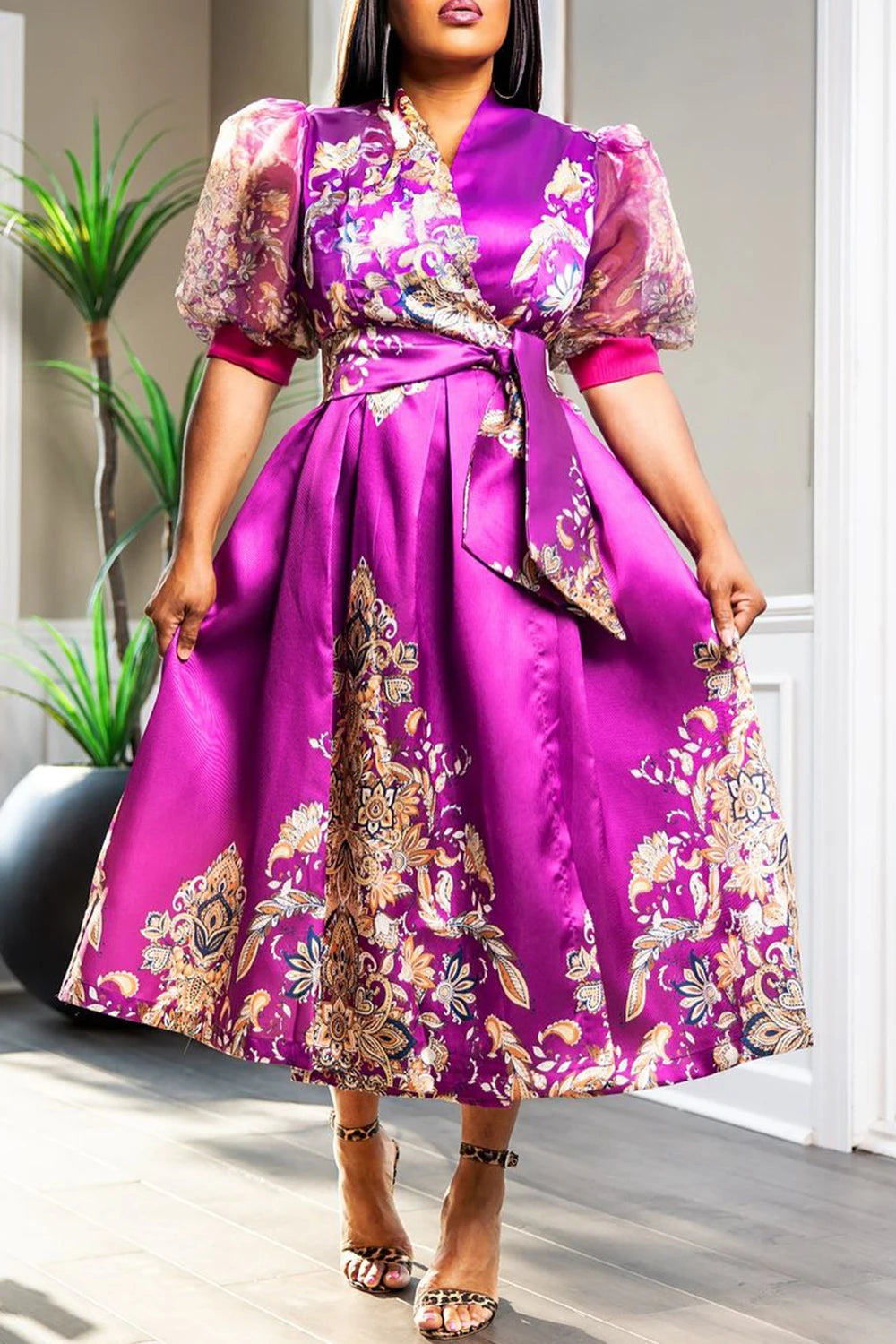 Maxy Plus Size Business Casual Purple Floral Wrap Neck Puff Sleeve Half Sleeve See Through Wrap Satin Midi Dresses