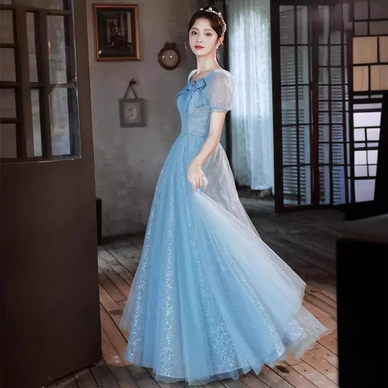 Maxy New Women's Summer Blue Bow Purple Evening Dress Fashionable Slimming Student Graduation Art Exam Walking Dress