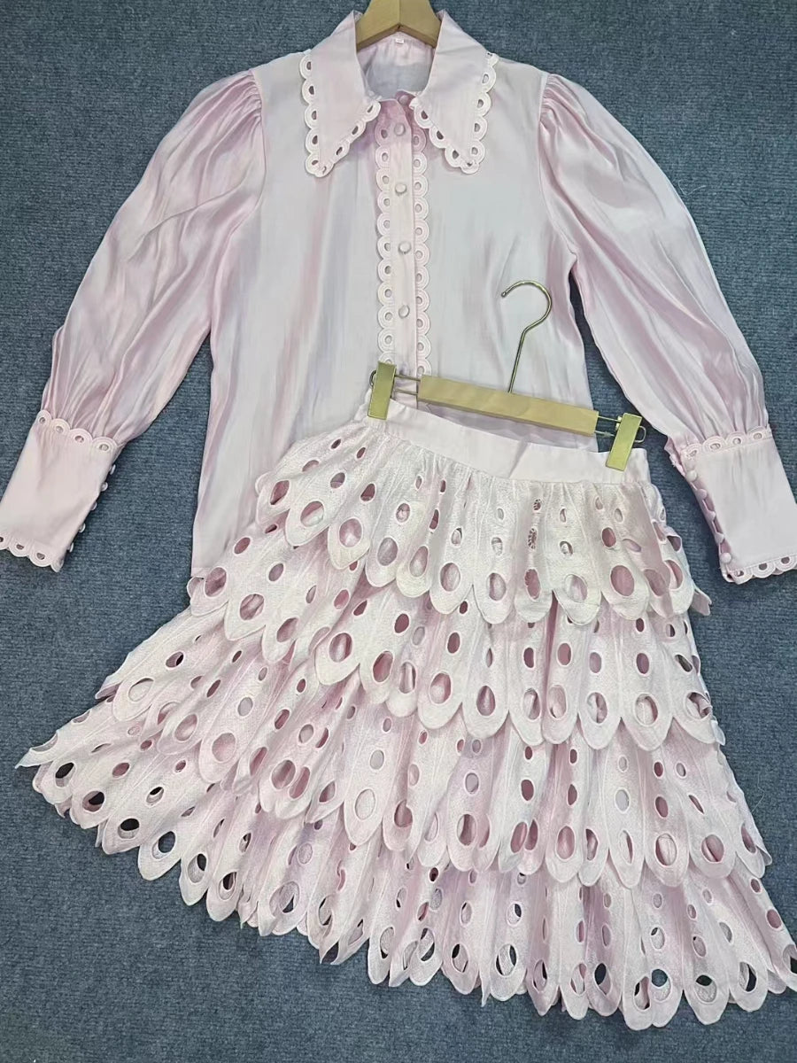 Maxy Solid Hollow Out Skirt Suit for Women Lapel Long Sleeve Shirt High Waist A Line Skirts Elegant Outfits Female Clothing