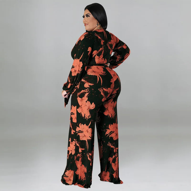 Amay Plus Size Floral Print Jumpsuit Female Casual Loose Elegant Clothing Women One Piece Outfit Autumn Fashion Wide Leg Pants
