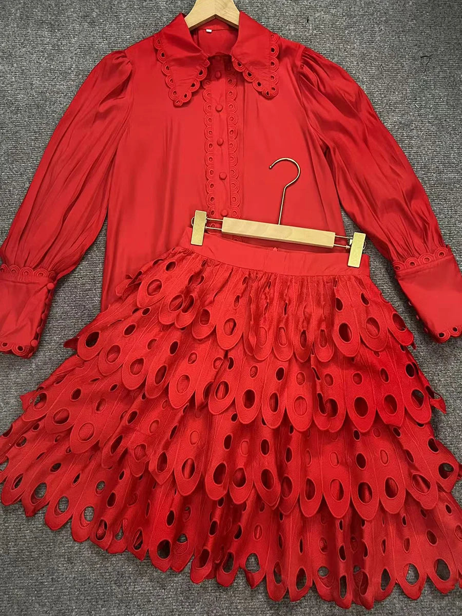 Maxy Solid Hollow Out Skirt Suit for Women Lapel Long Sleeve Shirt High Waist A Line Skirts Elegant Outfits Female Clothing