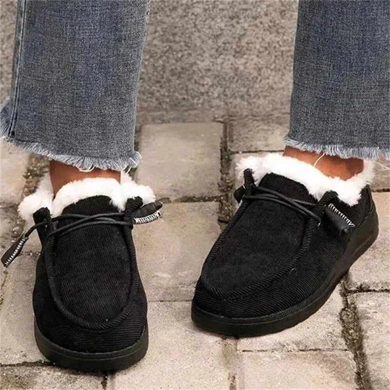 Maxy Winter Plush Loafers Women Ankle Shoes Slip-on Round Toe Flat Faux Suede Sewing Leisure Mature Casual Daily-wear Lace Plus Size
