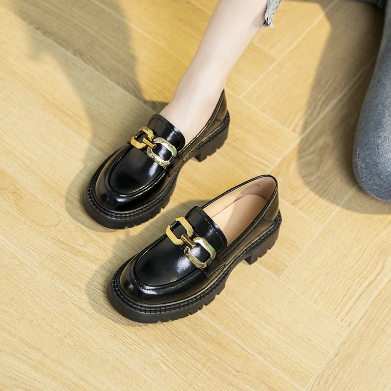 Amay Women Loafers Sneakers Spring New Genuine Leather Platform Shoes Women Casual British Style Female Penny Shoes
