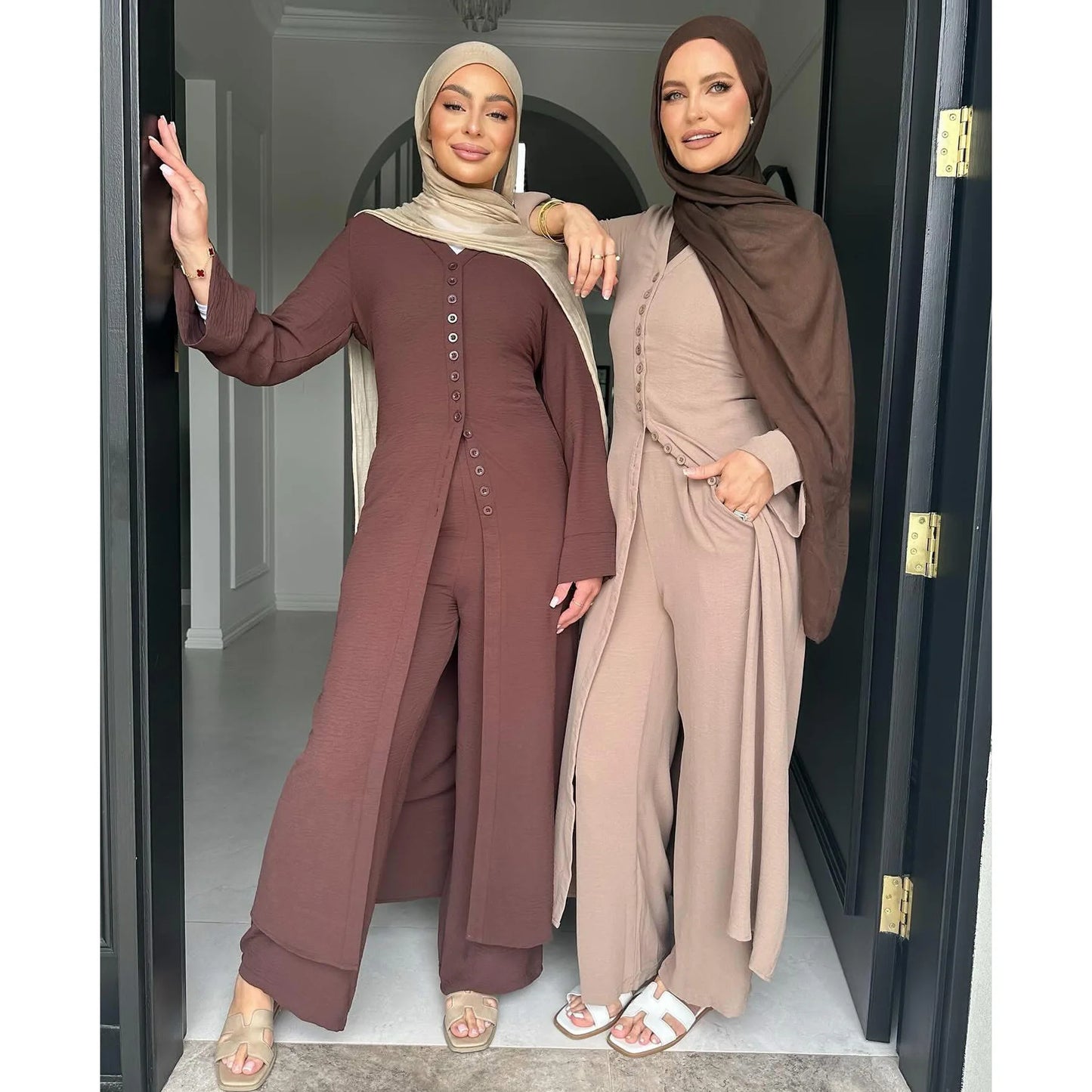 Maxy 2PCS Muslim Women Button Long Sleeve Tops Dress Pants Set Dubai Abaya Turkey Kaftan Arabic Outfits Eid Ramadan Islam Clothing