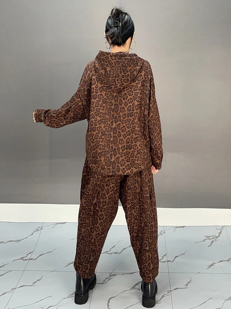 Maxy SHENGPALAE Print Pants Set For Women Single Breasted Hooded Jackets + Harem Trousers Vintage Style New Clothing 5C1760