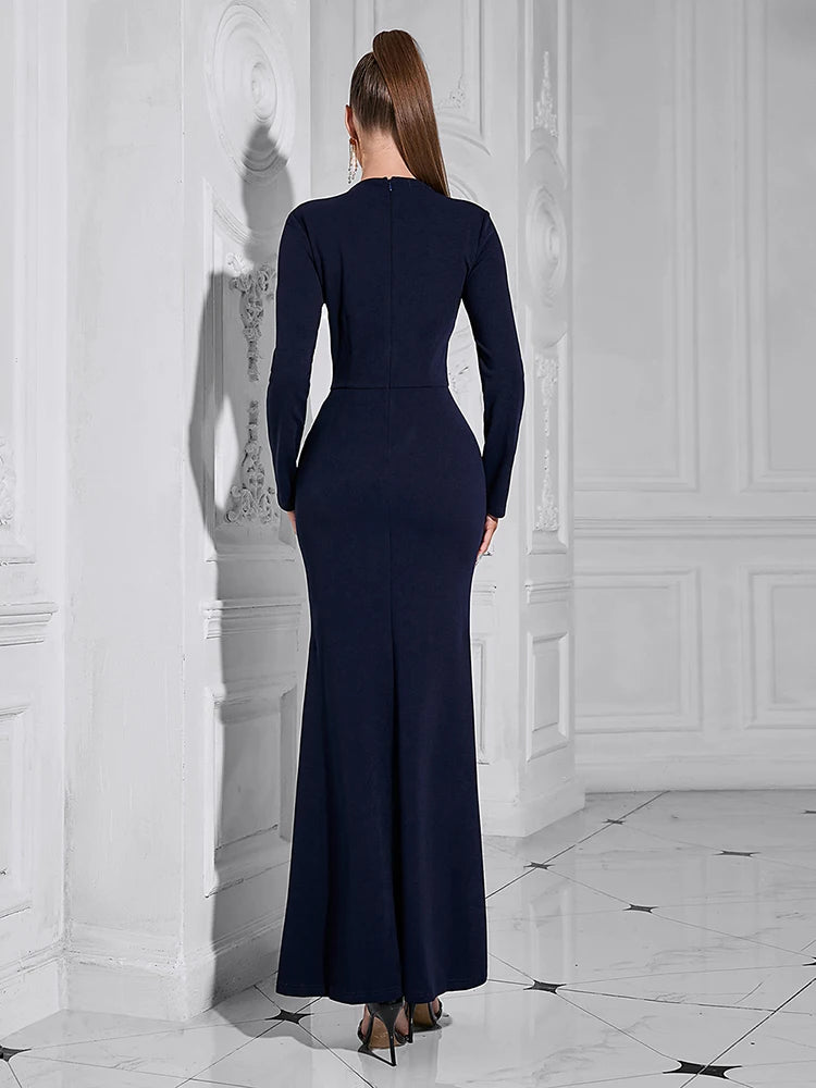 Maxy New Sexy Long Sleeve Hollow Out Long Dress Fall Women Dark Blue Split Slim Dresses Elegant Eveing Party Celebrity Gowns