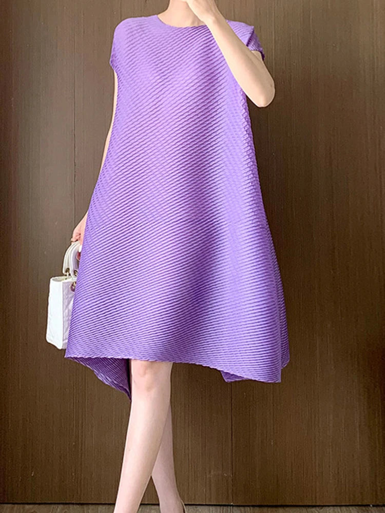 Maxy Irregular Pleated Dress Women O-neck Casual Solid Color Short Sleeves Mini Dresses Summer New Clothing 2AA5318