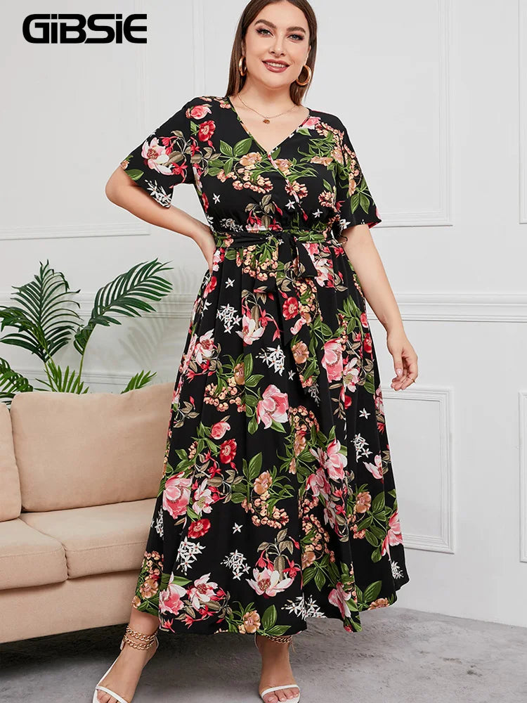 Gacy Plus Size V Neck Floral Print Boho Dress Women Summer Short Sleeve Maxy Dresses Holiday A-line Female Belted Dress