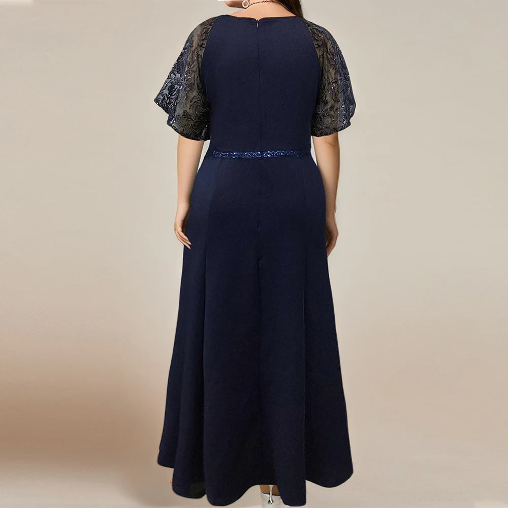 Amay Satin Spliced Lace Elegant Plus Size Women Dress Mesh Short Sleeve Summer Female Maxi Dress V-Neck Evening Long Dresses