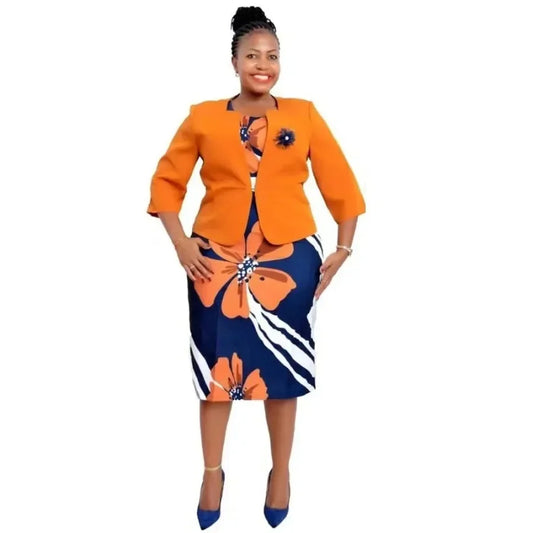 Maxy Plus Size Dresses for Women African 3/4 Sleeve Print Party Evening Midi Bodycon Dress Outfits with Coat Africa Clothing