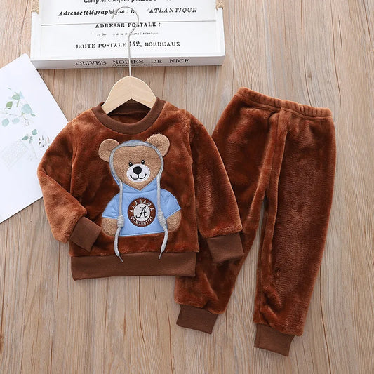 Babs Boy Clothing Set Autumn and Winter Velvet Thick Warm Casual Hooded Sweater Cartoon Cute Bear 3Pcs Toddler Girl Clothes Suit