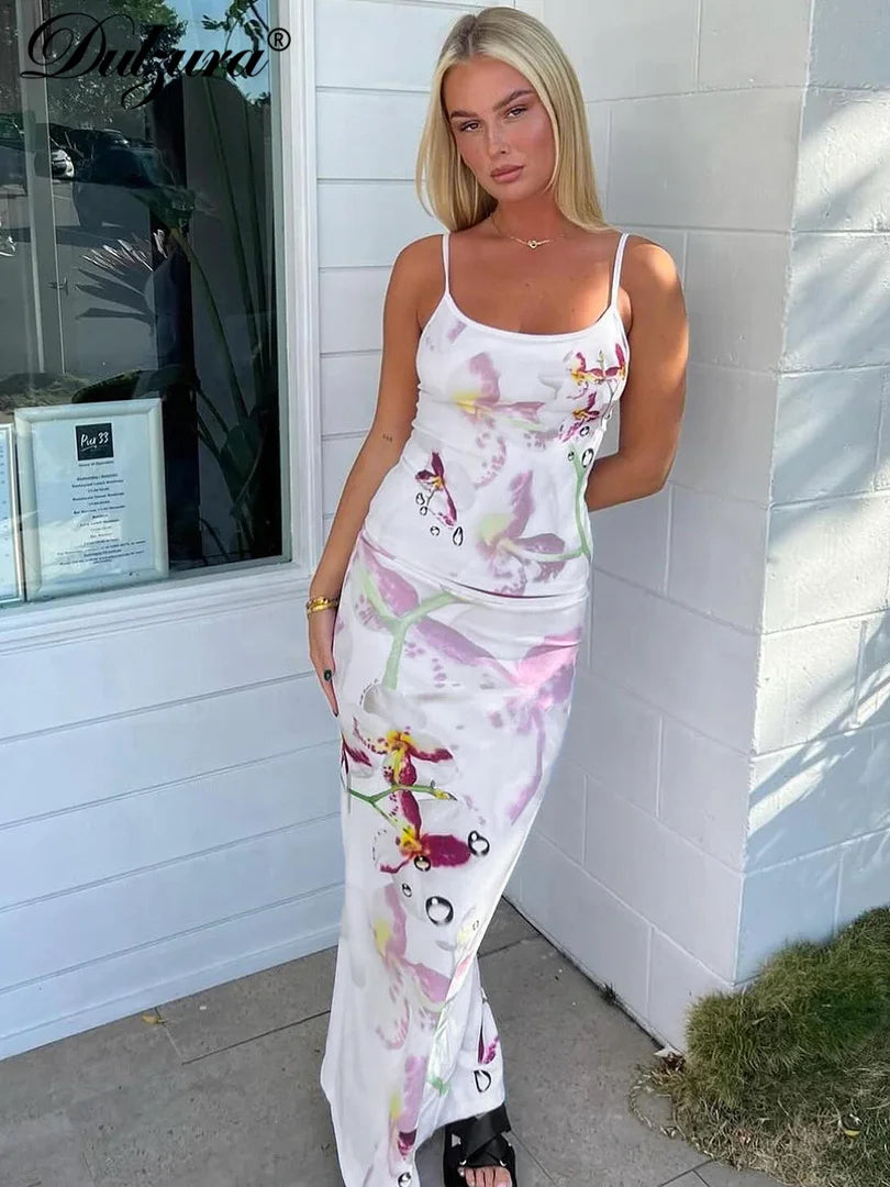 Maxy Dziura Floral Print Matching Suit Backless Spaghetti Strap Camisole Top Maxy Dress Sets Women Summer Cocktail Evening Party
