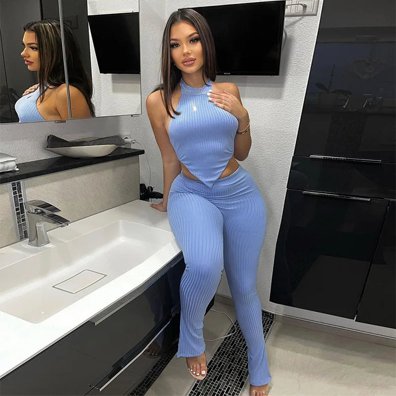 Summer Women's Suit Solid Color Halter Top And Trousers Casual Sets Elegant Lady Fashion Temperament Two-Piece Outfits