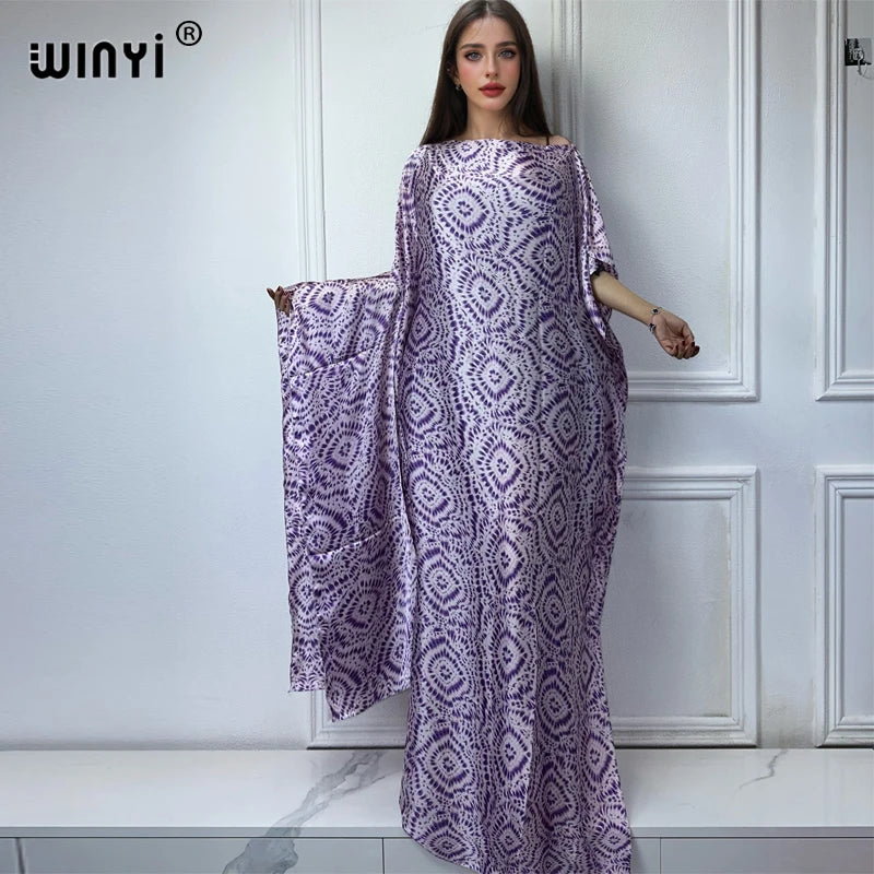 Maxy Muslim African dresses turkey dresses for women luxury Crew Neck Tie-dye print Kaftan Dress, Elegant Length Dress